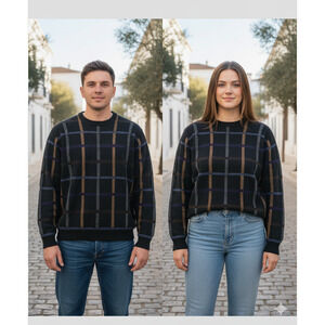 Unisex Black Multicolor Plaid Knitted Pullover wool blend Sweater retro Size L